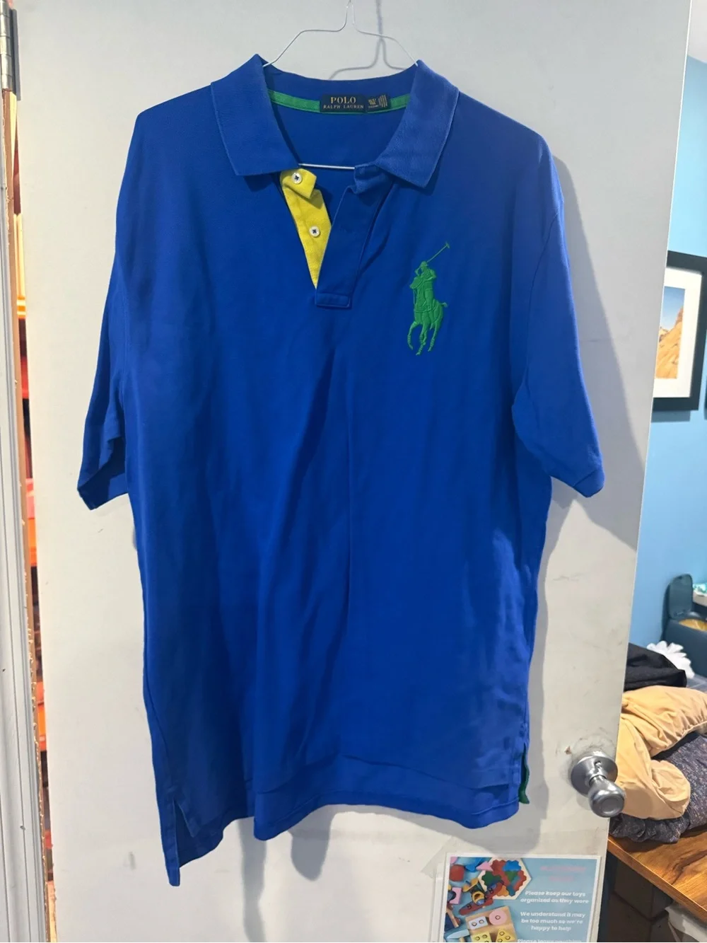 Ralph Lauren Royal Blue Polo with Lime Logo and Red Sleeve Detail